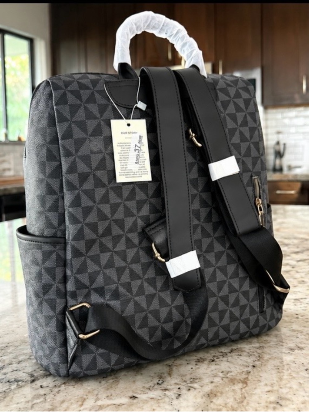 Gray Geometric Convertible Backpack Tote – Black Trim & Gold Hardware